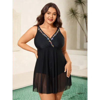 Bloomchic Women's Plus Size Floral Embroidered Sheer Surplice Swim Dress Black Floral See Through Adaptive-fit