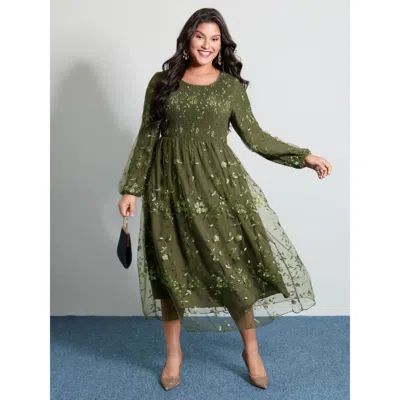 Bloomchic Women's Plus Size Floral Embroidered Shirred Lined Midi Dress Armygreen Non Midi Party Embroidered 1