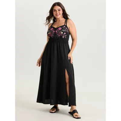 Bloomchic Women's Plus Size Floral Embroidered Shirred Waist Maxi Dress Black Floral Maxi Vacation 10/m