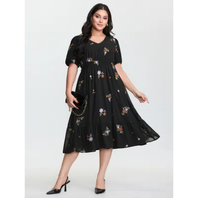 Bloomchic Women's Plus Size Floral Embroidered Shirred Waist Midi Dress Black Floral Midi Elegant Smocked 28/5
