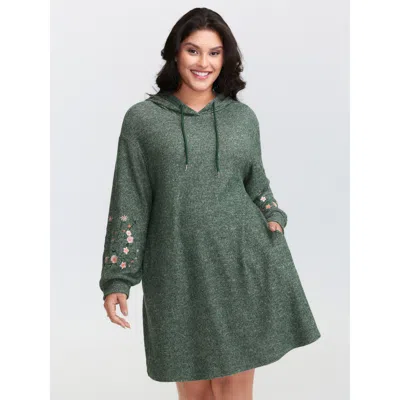 Bloomchic Women's Plus Size Floral Embroidered Sleeve Hooded Mini Dress Truegreen Solid Midi Casual Embroidere