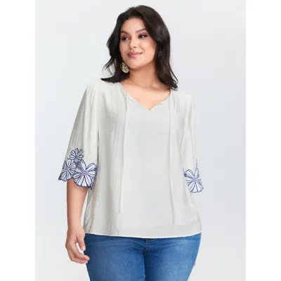 Bloomchic Women's Plus Size Floral Embroidered Sleeve Neck Keyhole Blouse Originalwhite Floral Vacation Half S
