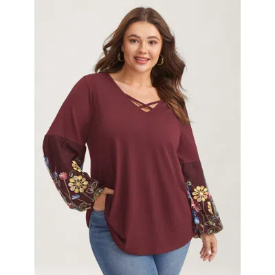 Bloomchic Women's Plus Size Floral Embroidered Sleeve Neck Tie-up T-shirt Burgundy Botanical Casual Long Sleev