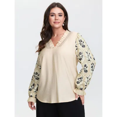 Bloomchic Women's Plus Size Floral Embroidered Sleeve Rayon Blouse Beige Floral Elegant Long Sleeve 10/m In Sand