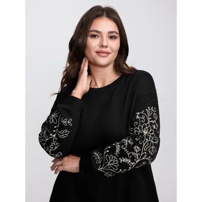 Bloomchic Women's Plus Size Floral Embroidered Sleeve Relaxed-fit Sweatshirt Black Not Graphics Casual Round N