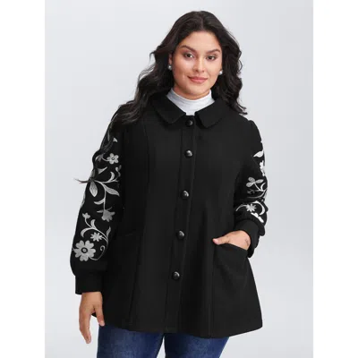 Bloomchic Women's Plus Size Floral Embroidered Sleeve Slant Pockets Coat Black Button Front Boxy 12/l