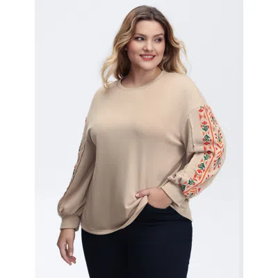 Bloomchic Women's Plus Size Floral Embroidered Sleeve Sweatshirt Lightbrown Casual 12/l In Brown