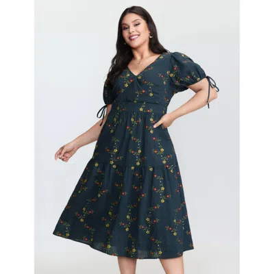 Bloomchic Women's Plus Size Floral Embroidered Sleeve Tie Midi Dress Darkblue Ditsy Floral Midi Elegant Textur In Blue