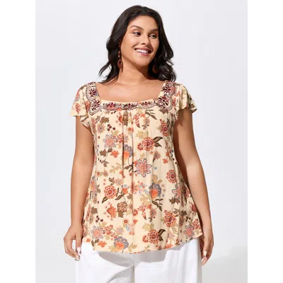 Bloomchic Women's Plus Size Floral Embroidered Square Neckline Flowy Blouse Apricot Vacation Short Sleeve Squa In Orange