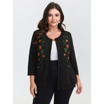 Bloomchic Women's Plus Size Floral Embroidered Stretch Knit Button Front Jacket Black Embroidered H-line 10/m