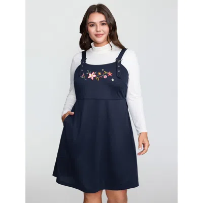 Bloomchic Women's Plus Size Floral Embroidered Stretchy Adjustable Mini Dress Darkblue Non Short Casual Embroi In Blue