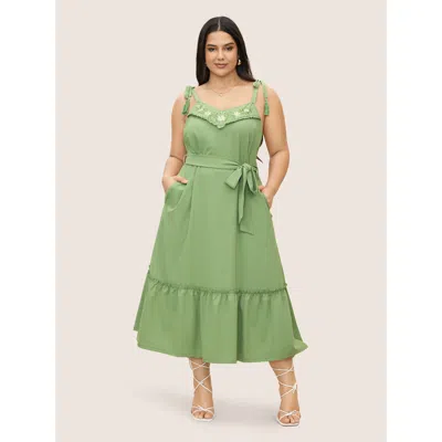 Bloomchic Women's Plus Size Floral Embroidered Tassel Pleated Frill Trim Dress Mint Floral Midi Vacation Belte In Green