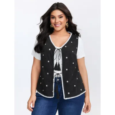 Bloomchic Women's Plus Size Floral Embroidered Tassel-front Vest Black Lace-up 10/m