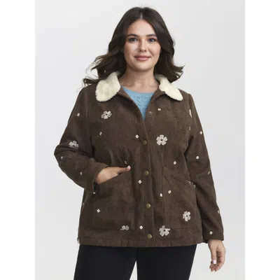 Bloomchic Women's Plus Size Floral Embroidered Textured Button Coat Darkbrown Texture H-line 12/l In Brown