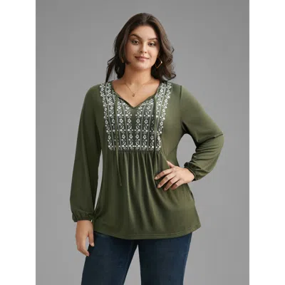 Bloomchic Women's Plus Size Floral Embroidered Tie Knot Gathered Jersey Top Armygreen Long Sleeve Everyday 12/