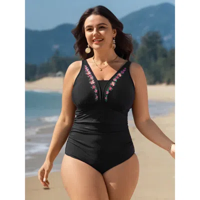 Bloomchic Women's Plus Size Floral Embroidered Tummy-control One-piece Swimsuit Black Floral Embroidered Adapt