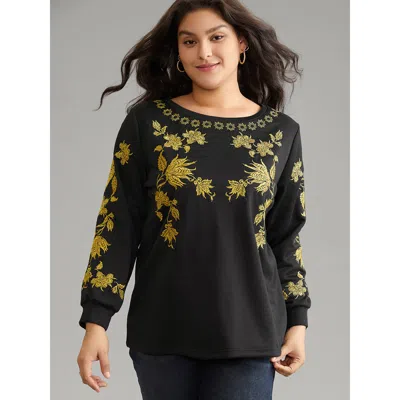 Bloomchic Women's Plus Size Floral Embroidered Two Tone Sweatshirt Black Floral Dailywear 14-16/1x