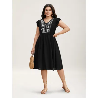 Bloomchic Women's Plus Size Floral Embroidered V Neck Ruffle Cap Sleeve Dress Black Botanical Midi Vacation Ru