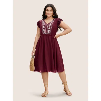 Bloomchic Women's Plus Size Floral Embroidered V Neck Ruffle Cap Sleeve Dress Redviolet Botanical Midi Vacatio