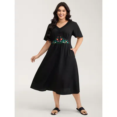 Bloomchic Women's Plus Size Floral Embroidered Waist Lace Trim Midi Dress Black Non Midi Vacation Woven Ribbon