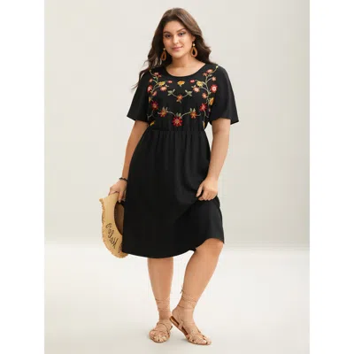 Bloomchic Women's Plus Size Floral Embroidered Waist-cinched Midi Dress Black Floral Mini Vacation Non 12/l