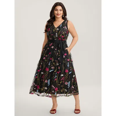 Bloomchic Women's Plus Size Floral Embroidery Belted Maxi Dress Black Synthetic Texture Maxi Party Embroidered