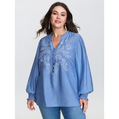 Bloomchic Women's Plus Size Floral Embroidery Button Detail Blouse Skyblue Solid Vacation Long Sleeve V-notch  In Blue