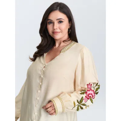Bloomchic Women's Plus Size Floral Embroidery Button Front Blouse Beige Floral Elegant Long Sleeve V-notch Nec In Sand