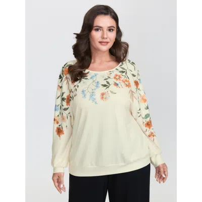 Bloomchic Women's Plus Size Floral Embroidery Cozy Stretchy Hem T-shirt Ivory Synthetic Texture Elegant Extra  In White