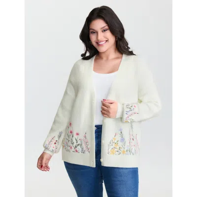 Bloomchic Women's Plus Size Floral Embroidery Drop Shoulder Knit Cardigan Ivory Long Sleeve V-neck 30/6x In White