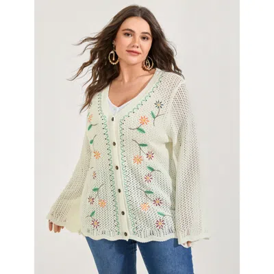 Bloomchic Women's Plus Size Floral Embroidery Flared Sleeve Knit Cardigan Ivory Long Sleeve 10/m In White