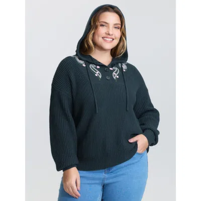 Bloomchic Women's Plus Size Floral Embroidery Hooded Textured Pullover Aegean Long Sleeve 10/m In Blue