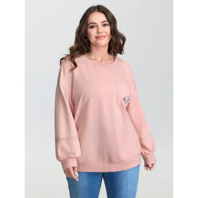 Bloomchic Women's Plus Size Floral Embroidery Lace Trim Sweatshirt Rouge Not Graphics Casual Round Neck 26/4x In Red