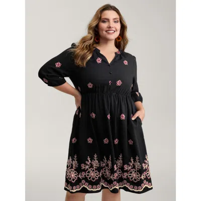 Bloomchic Women's Plus Size Floral Embroidery Notched Collar Knee-length Dress Black Bohemian Print Knee Vacat