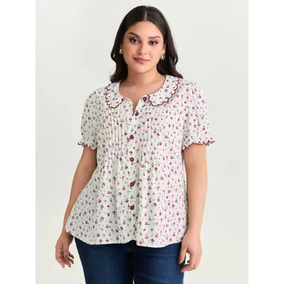 Bloomchic Women's Plus Size Floral Embroidery Pleated Button-front Blouse Brightred Elegant Short Sleeve 10/m
