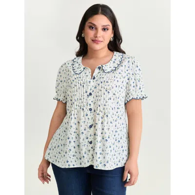 Bloomchic Women's Plus Size Floral Embroidery Pleated Button-front Blouse Ivory Elegant Short Sleeve 12/l In White