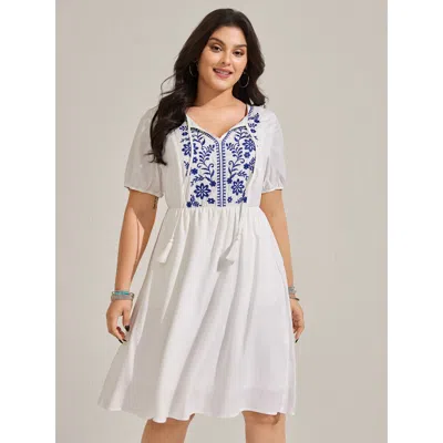 Bloomchic Women's Plus Size Floral Embroidery Pockets Tassels Midi Dress Ivory Synthetic Texture Knee Vacation In White