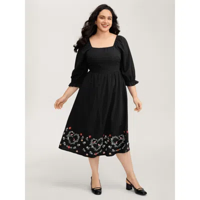 Bloomchic Women's Plus Size Floral Embroidery Puff Sleeve Midi Dress Black Synthetic Texture Midi Elegant 22-2