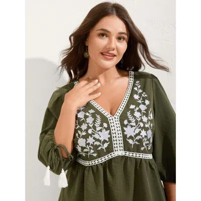 Bloomchic Women's Plus Size Floral Embroidery Puffy Sleeve-tie Blouse Sage Synthetic Texture Vacation 3/4 Slee In Green