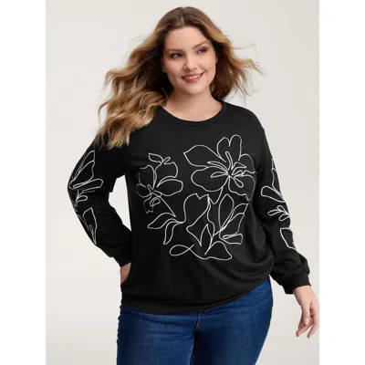 Bloomchic Women's Plus Size Floral Embroidery Relaxed Fit Sweatshirt Black Casual 18-20/2x