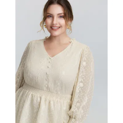 Bloomchic Women's Plus Size Floral Embroidery Shirred Waist Blouse Ivory Synthetic Texture Elegant Sleeveless  In White