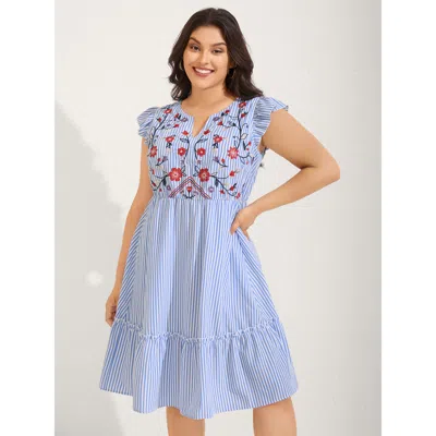 Bloomchic Women's Plus Size Floral Embroidery Stripes Flutter Mini Dress Lightblue Floral Midi Vacation Embroi In Blue