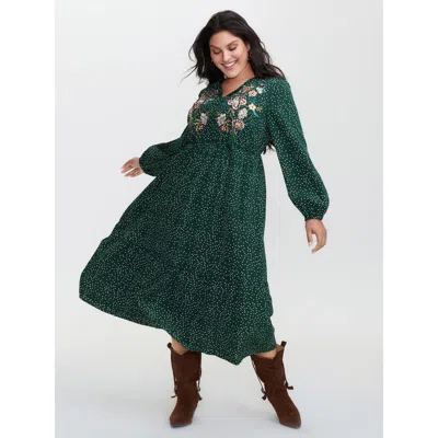 Bloomchic Women's Plus Size Floral Embroidery Tassels Maxi Dress Darkgreen Polka Dots Midi Vacation Tie Knot 3 In Green