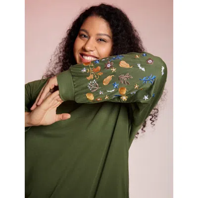 Bloomchic Women's Plus Size Floral Embroidery Textured Solid Sweatshirt Armygreen Casual 10/m