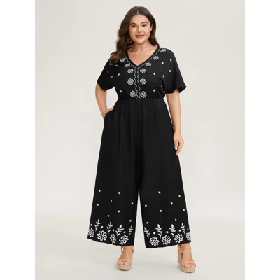 Bloomchic Women's Plus Size Floral Embroidery V-neck Jumpsuit Black Vacation 30/6x