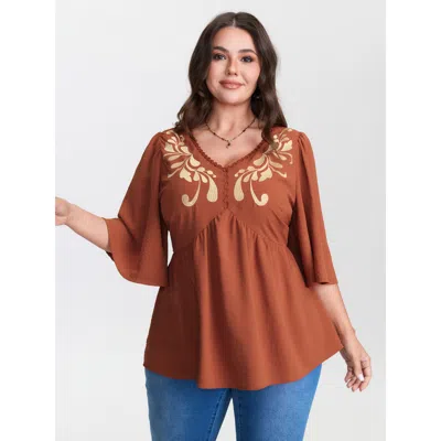 Bloomchic Women's Plus Size Floral Embroidery V-neck Pleated T-shirt Orangered Ethnic Floral Vacation 3/4 Slee
