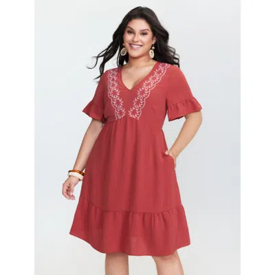 Bloomchic Women's Plus Size Floral Embroidery V-neck Tiered Mini Dress Rust Non Short Vacation Embroidered 10/ In Brown