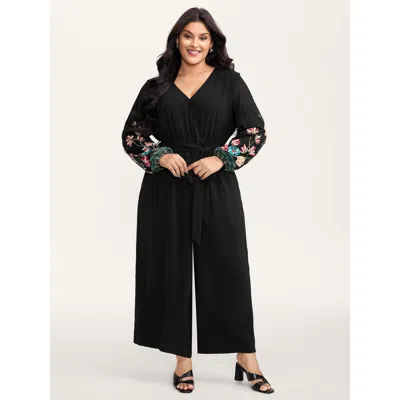 Bloomchic Women's Plus Size Floral Embroidery Waist-tie Jumpsuit Black Elegant 22-24/3x