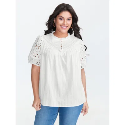 Bloomchic Women's Plus Size Floral Eyelet Trim Ruffled Neck Blouse Originalwhite Solid Vacation Short Sleeve S