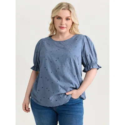 Bloomchic Women's Plus Size Floral Eyelet Trim Stretchy Cuff Sleeve Blouse Stone Synthetic Texture Elegant Sho In Gray